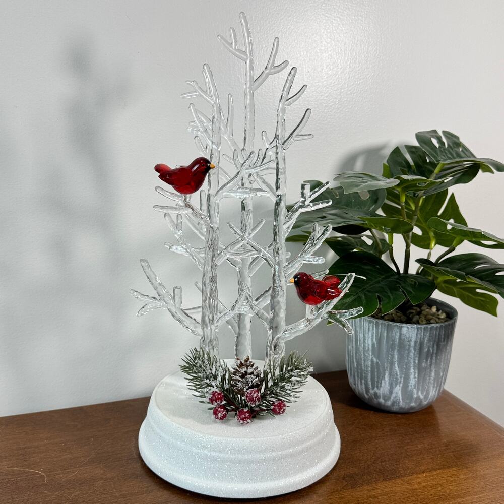 Light Up Clear Acrylic Winter Trees Cardinal Birds Figurine Christmas Decor